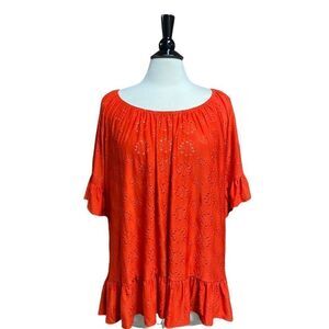 Per Seption Red Ruffle Sleeve Eyelet Top Size 2X NWOT